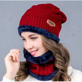 Warm Knitted Skull Cap with Scarf-Red