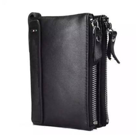 Black Original Leather Card Holder and Two Zipper Pockets Wallet for Men, 3 image