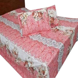Floral Printed King Size Bed Sheet-Peach