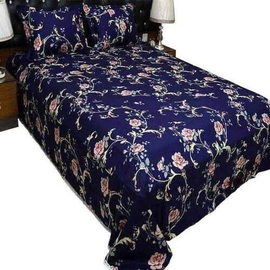Navy Blue Floral Printed Bed Sheet