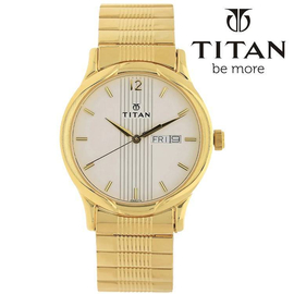 TITAN Analog Gents Karishma White Dial Golden Band Stainless Steel Watch -NK1580YM04