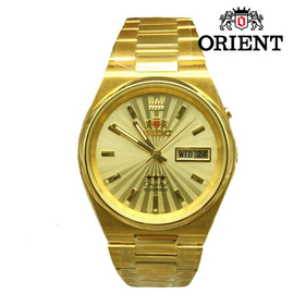 Orient Brand Three Star Automatic Golden Dial Golden St. Steel Band Mens Watch-SEM1T011G8-B