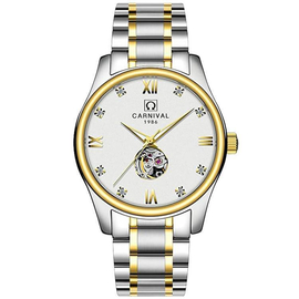 Carnival Automatic Mechanical Analog Luminous White Dial Silver With Golden Band Mens Wrist Watch-8789G