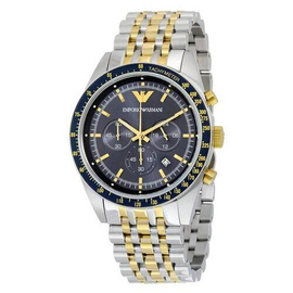 ARMANI Navy Blue Dial Chronograph Two Tone Stainless Steel Mens Watch- AR6088