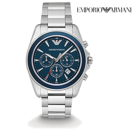 Armani Chronograph Sport Blue Dial Silver Color Band Stainless Steel Mens Watch-AR6091