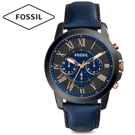 FOSSIL Grant Chronograph Black And Blue Dial Leather Band Mens Watch- FS5061