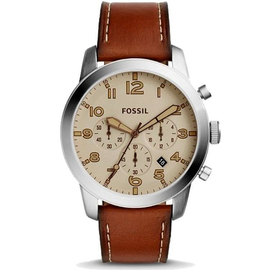 FOSSIL Pilot 54 Beige Dial Chronograph Leather Strap Mens Watch-FS5144