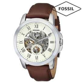 Fossil Authentic Grant Automatic Cream Dial Brown Leather Band Mens Watch-ME3052