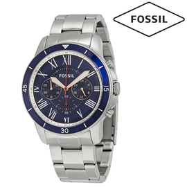 Fossil Chronograph Grant Sport Blue Dial Silver Band Stainless Steel Mens Watch-FS5238