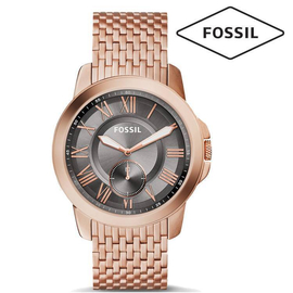 FOSSIL Grant Multi Function Grey Dial Rose Gold Band Stainless Steel Mens Watch-FS5083