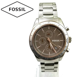 Fossil Chronograph Brown Dial Silver Band Mens Watch-BQ2140