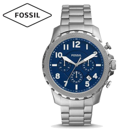 Fossil Chronograph Blue Dial Silver Band Stainless Steel Mens Watch-FS5604