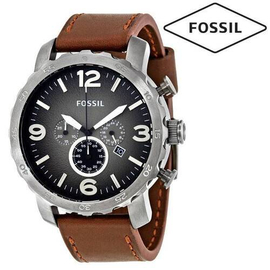 FOSSIL Nate Chronograph Grey Dial Brown Leather Mens Watch-JR1424
