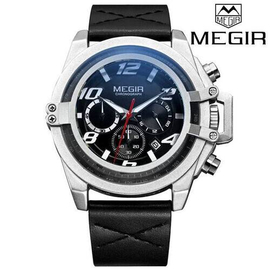 MEGIR Brand Chronograph Black Dial Black Leather Band Mens Watch-ML 2052GBK
