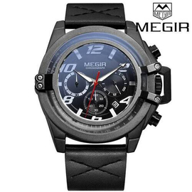 MEGIR Brand Chronograph Black Dial Black Leather Band Mens Watch-ML 2052GBK