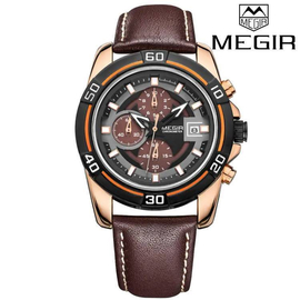 MEGIR Brand Chronograph Multicolor Dial Chocolate Leather Band Mens Watch-M 2023