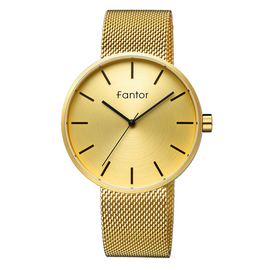 FANTOR WF1013G04 Men Wrist Watch With Gold Mesh Strap And Gold Dial