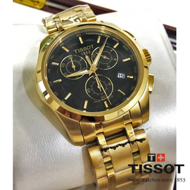 Tissot Brand Chronograph Black Dial Golden Stainless Steel Band Mens Watch