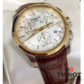 Tissot Brand Couturier Chronograph White Dial Chocolate Leather Band Mens Watch