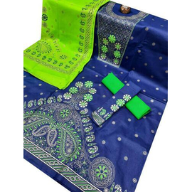 Afsana Printed Comfortable Cotton Three Piece For Women -Parrot Green & Blue