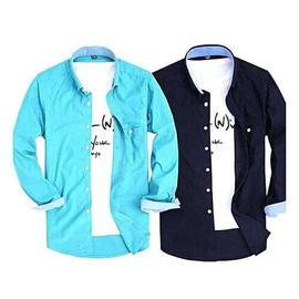 Sky blue and Navy Blue Cotton Long Sleeve Shirt for Men