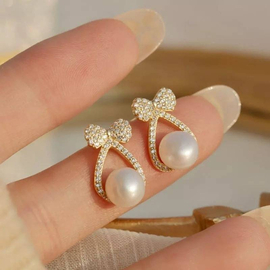 Elegant And Exquisite Zircon Bow Pearl Earrings For Woman, 2 image