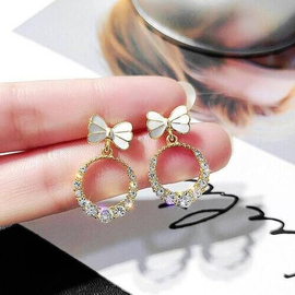 Korea Elegant Fashion Crystal Round Geometry Bow Dangle Earrings For Women, 2 image