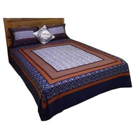 Cotton Bed Sheet With Two Pillow Covers (7.5 X 8 Feet)-Navy Blue