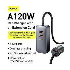 Baseus Share Together PPS multi-port Fast charging car charger with extension cord 120W 3U+1C Gray, 2 image