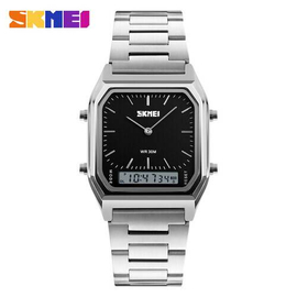 SKMEI 1220 Silver Stainless Steel Dual Time Luxury Watch For Men - Black & Silver