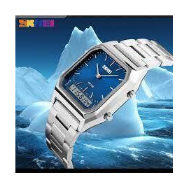 SKMEI 1220 Silver Stainless Steel Dual Time Luxury Watch For Men - Royal Blue & Silver, 3 image