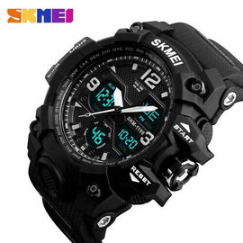 SKMEI 1155B Black PU Dual Time Sport Watch For Men - White & Black, 3 image