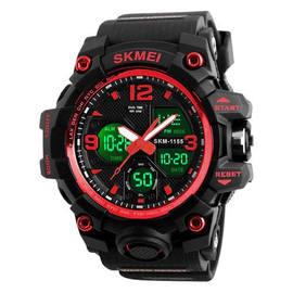 SKMEI 1155B Black PU Dual Time Sport Watch For Men - Red & Black