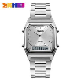 SKMEI 1220 Silver Stainless Steel Dual Time Luxury Watch For Men - White & Silver