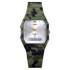 SKMEI 1604 Army Green Camouflage PU Dual Time Sport Watch For Unisex - Army Green Camouflage