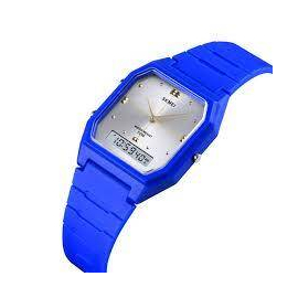 SKMEI 1604 Blue PU Dual Time Sport Watch For Unisex - White & Blue, 4 image