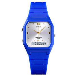 SKMEI 1604 Blue PU Dual Time Sport Watch For Unisex - White & Blue