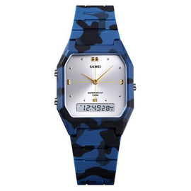 SKMEI 1604 Blue Camouflage PU Dual Time Sport Watch For Unisex - Blue Camouflage