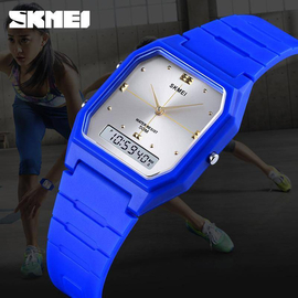 SKMEI 1604 Blue PU Dual Time Sport Watch For Unisex - White & Blue, 6 image