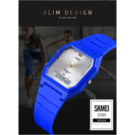 SKMEI 1604 Blue PU Dual Time Sport Watch For Unisex - White & Blue, 3 image
