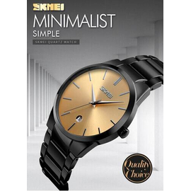 SKMEI 9140 Black Stainless Steel Analog Luxury Watch For Men - Golden & Black, 3 image