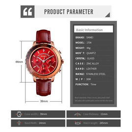 SKMEI 1704 Chocolate PU Leather Analog Luxury Watch For Women - Red & Chocolate, 4 image