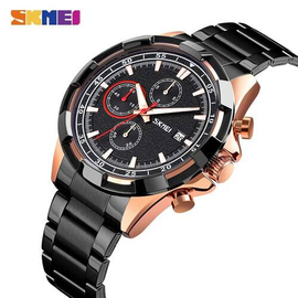 SKMEI 9192 Black Stainless Steel Chronograph Sport Watch For Men - RoseGold & Black, 3 image