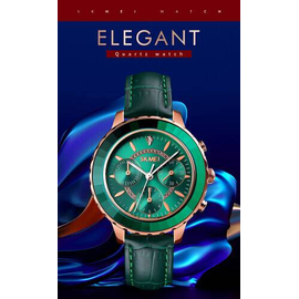 SKMEI 1704 Green PU Leather Analog Luxury Watch For Women - RoseGold & Green, 6 image