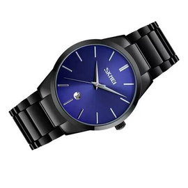 SKMEI 9140 Black Stainless Steel Analog Luxury Watch For Men - Royal Blue & Black, 3 image