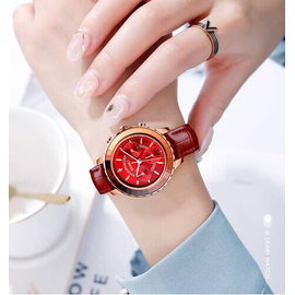 SKMEI 1704 Chocolate PU Leather Analog Luxury Watch For Women - Red & Chocolate, 6 image