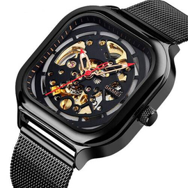SKMEI 9184 Black Mesh Stainless Steel Automatic Mechanical Luxury Watch For Men - Black, 3 image