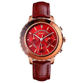 SKMEI 1704 Chocolate PU Leather Analog Luxury Watch For Women - Red & Chocolate