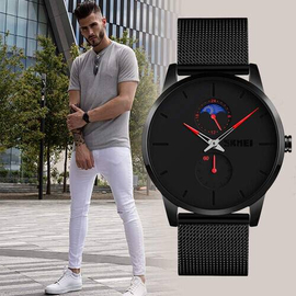 SKMEI 9208 Black Mesh Stainless Steel Analog Watch For Men - Red & Black, 8 image