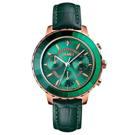 SKMEI 1704 Green PU Leather Analog Luxury Watch For Women - RoseGold & Green